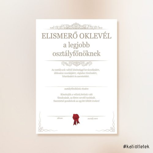 Elismerő oklevél a legjobb osztályfőnöknek sablon A/4 méret PDF