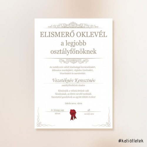 Szerkesztve - Elismerő oklevél a legjobb osztályfőnöknek sablon A/4 méret PDF 